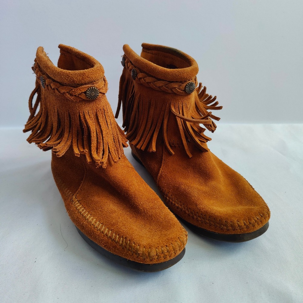 Minnetonka Fringe Moccasin Suede Ankle Boots‎ Brown 293 Braided Festival Boho 7